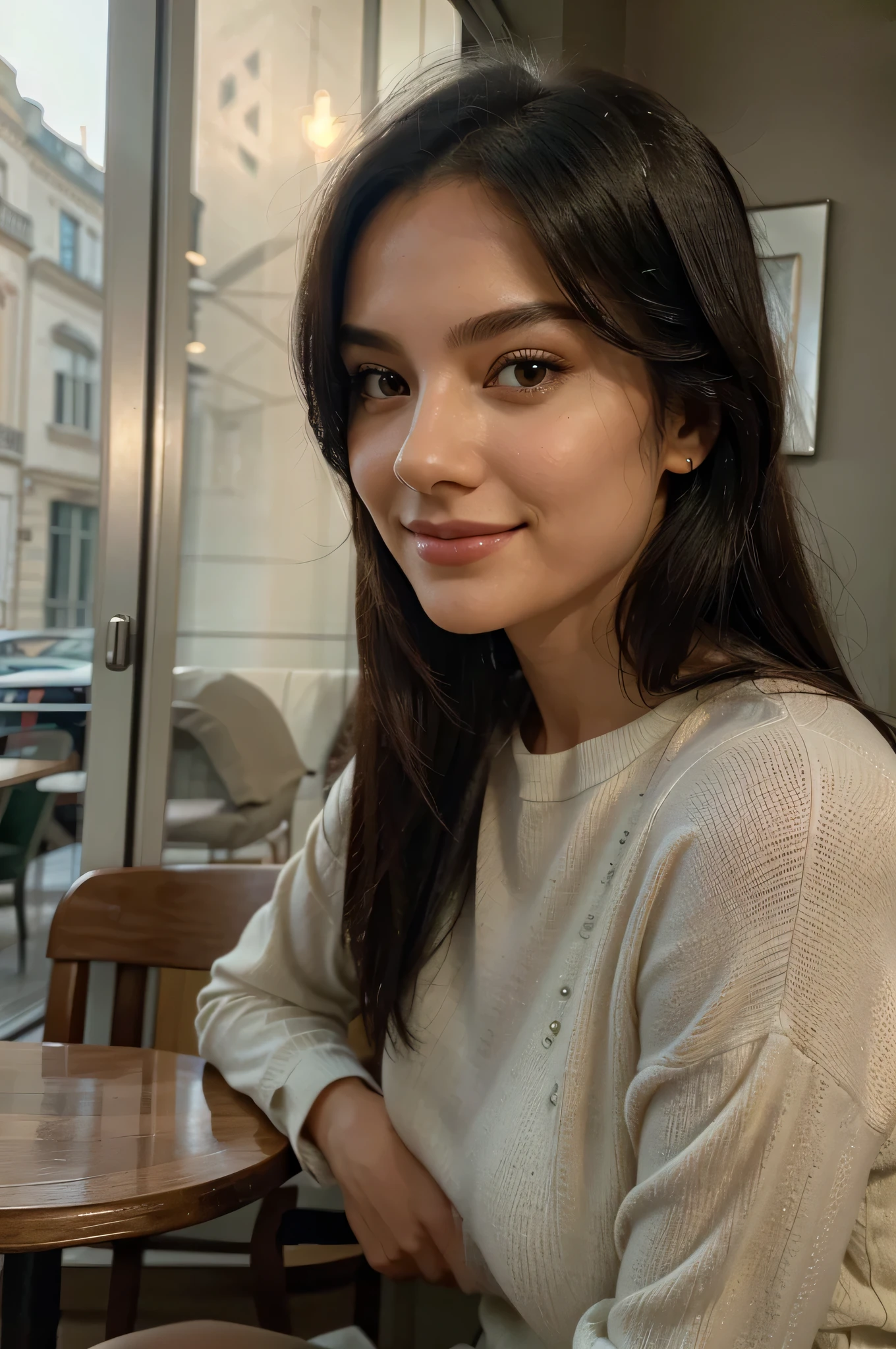 A sophisticated woman, 22 years old, standing at 1.65 meters tall. Her luxurious black hair, streaked with elegant silver, perfectly complements her striking green eyes. Her face, youthful yet mature, radiates wisdom and grace.

Location: A cozy café with soft, natural lighting and a warm ambiance.

Pose: Only her face is visible as she sits at a table, looking directly into the camera with a serene smile. The soft lighting highlights her features, creating an aura of tranquility and timeless allure.