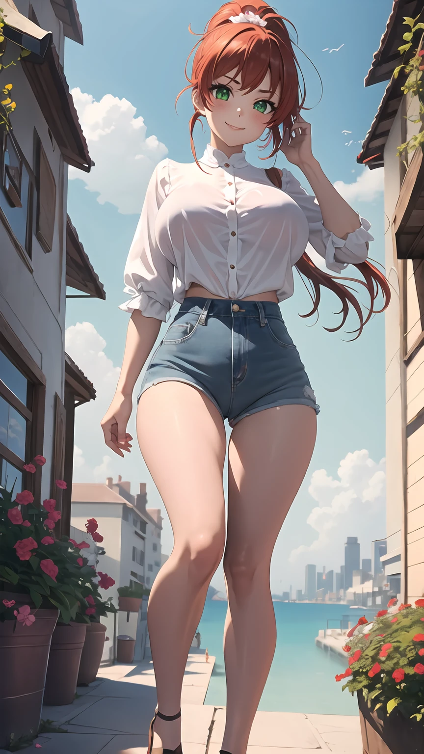 1girl, anime girl, anime, girl, 2d girl, 18y, (fullbody), standing, green eyes, smiling, blush, (long hair, single ponytail, red hair), ((blouse)), Solo, big , big breasts, sfw, Tight Shorts, low waist shorts, upshorts, from below, the city background, flowers, afternoon sky, looking at viewer, darker shadows, (((sexy))), (((shorts))), (((absurdres))), (((thigh gap))), cameltoe, (((cameltoe))), (((cleft of venus))), (((lowleg shorts))),