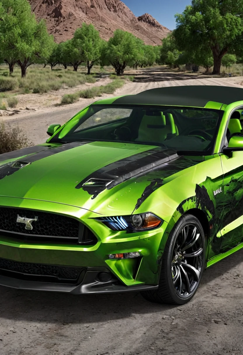 create image real colt car with hulk skin theme, on the valley, realism, photorealistic, detailed visuals