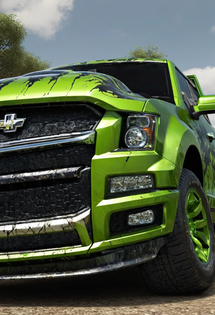 create image real colt car with hulk skin theme, on the valley, realism, photorealistic, detailed visuals