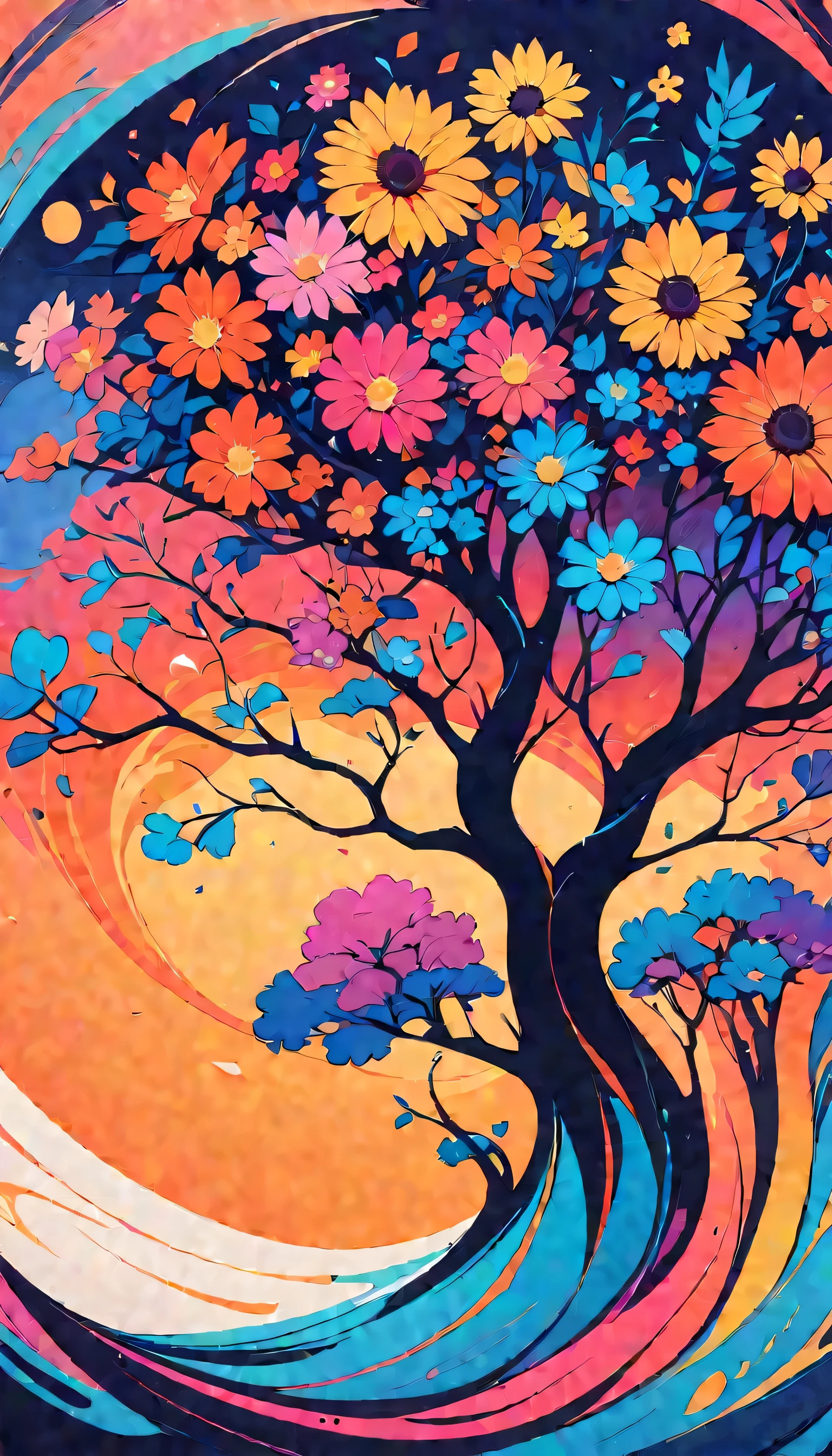 Super nice background,clean background,abstract painting,Vibrant colors,floral ornament,under the sun,trees