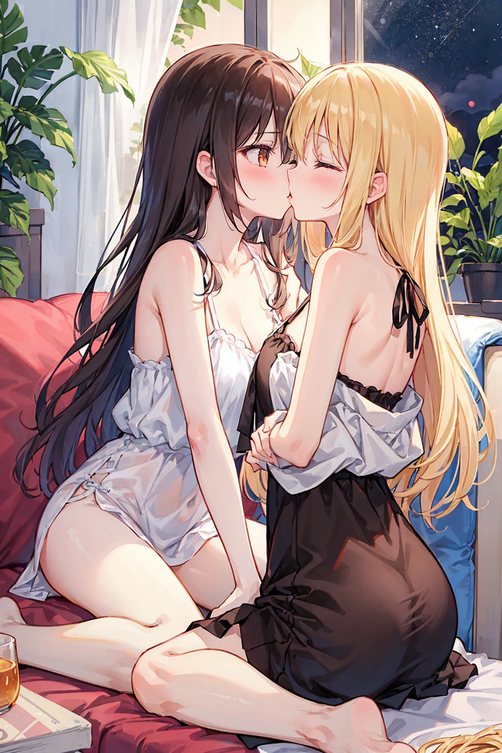 {masterpiece:2}, best quality, high quality, best quality, ultra high res, real picture, intricate details, beautiful detailed, finely detailed, perfect anatomy, detailed shoujo manga style, (best quality masterpiece:1), 2girls, beautiful, yuri, lesbian, lesbian sex, naked, nude, {{{dark blue black hair, curly long hair, cool smile, blue eyes}}}, {{{deep yellow blond, long striaght yellow hair, pretty smile, yellow eye}}}