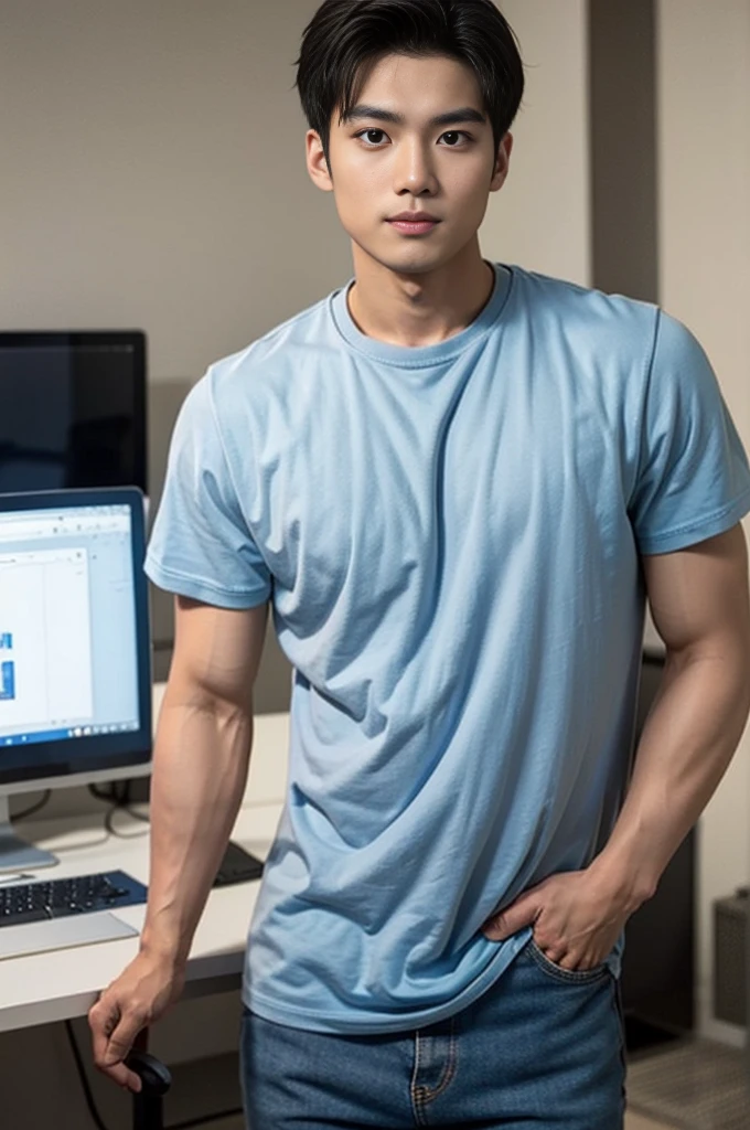 A handsome, muscular young Asian man looks at the camera. In a simple gray polo shirt , By the restaurant, mouth open and smiling