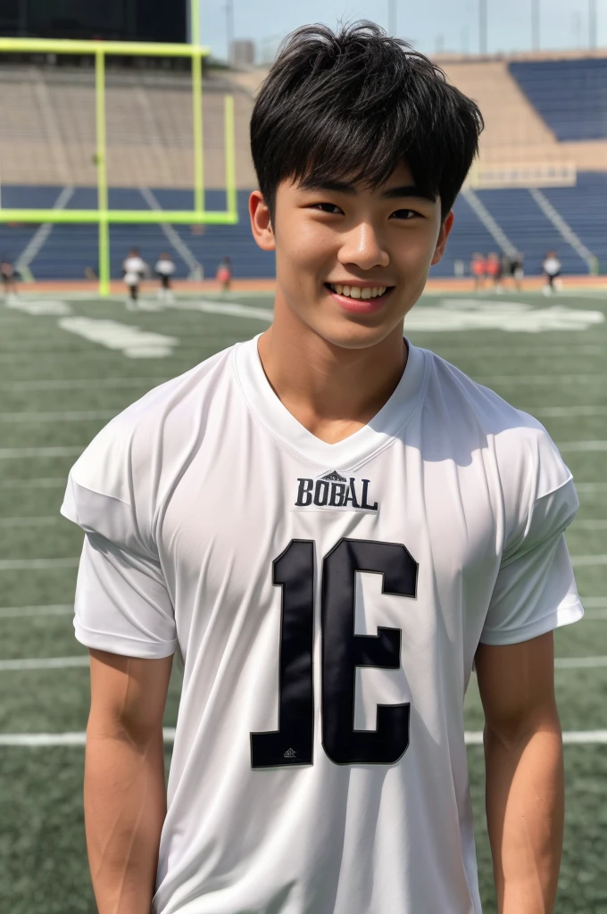 single: 1.5, (ที่TRUEแล้ว, Masterpiece, 8k HD, good light quality, sportswear, to fit the face, complicated details), A handsome Korean man with muscular arms.. , 20 years old, be happy, smile brightly, detailed face, delicate eyes, look at the sky, Wear a tight white t-shirt.:1.6 ., black eyes, Black hair color, ผมsmooth, smooth，SurTRUE，Excellent details，Highest quality，TRUE，Open your mouth to talk.. , Close your eyes.., (standing in the football field:1.5)