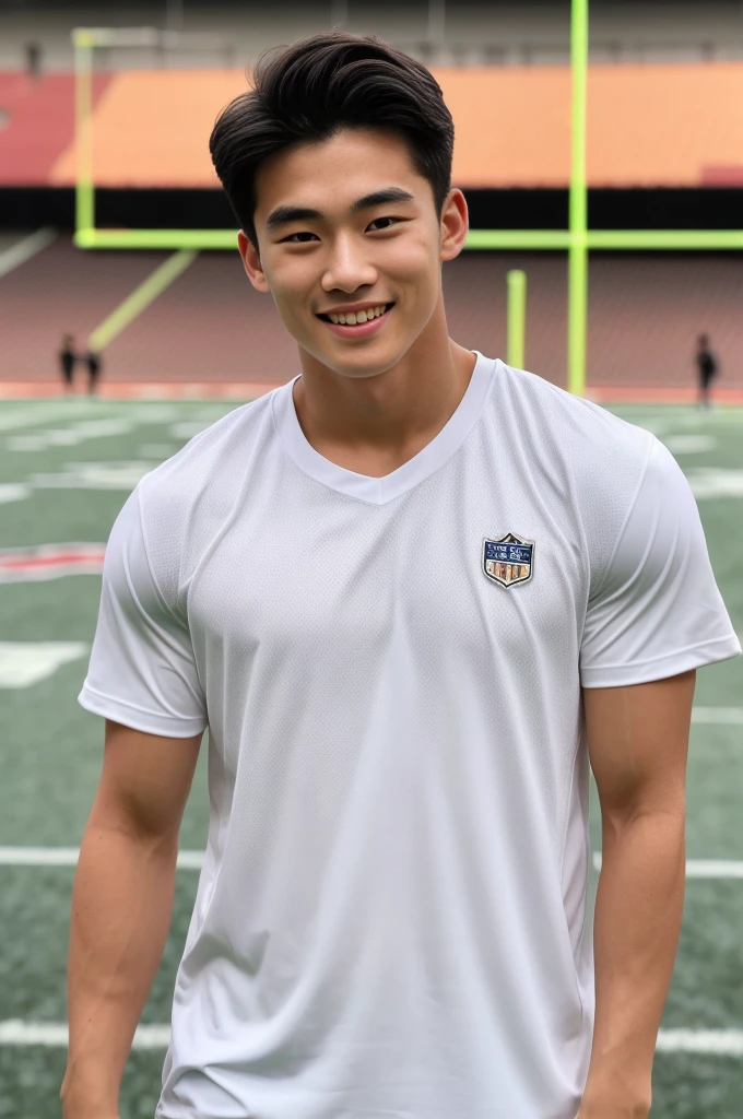 single: 1.5, (ที่TRUEแล้ว, Masterpiece, 8k HD, good light quality, sportswear, to fit the face, complicated details), A handsome Korean man with muscular arms.. , 20 years old, be happy, smile brightly, detailed face, delicate eyes, look at the sky, Wear a tight white t-shirt.:1.6 ., black eyes, Black hair color, ผมsmooth, smooth,SurTRUE,Excellent details,Highest quality,TRUE,Open your mouth to talk.. , Close your eyes.., (standing in the football field:1.5)