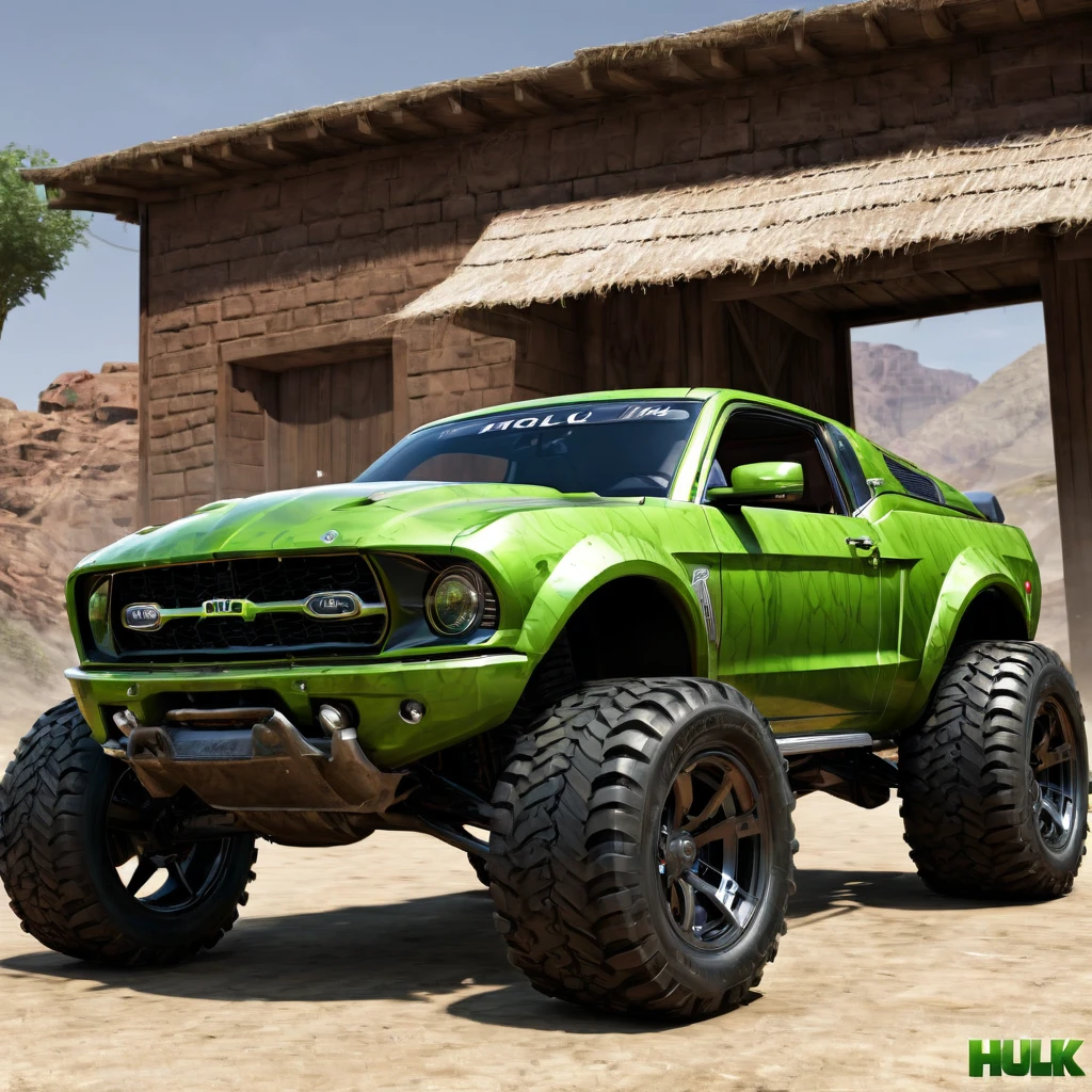 create image real colt car with hulk skin theme, on the valley, realism, photorealistic, detailed visuals