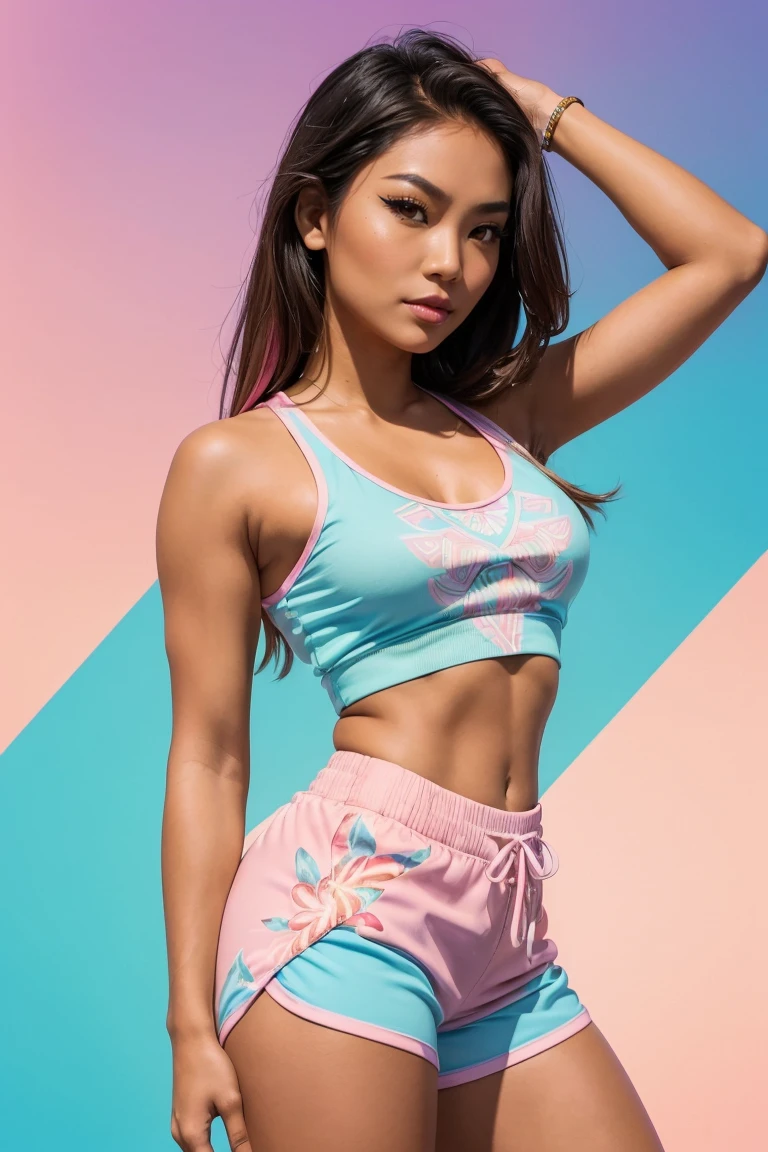 (Sexy tanned Polynesian|Asian woman, 1girl:1.2, thicc hourglass figure, perfect eyeliner:1.2), (masterpiece:1.4, best quality), medium breasts, unity 8k wallpaper, ultra detailed, (pastel background, wearing gym shorts and colorful tank top:1.3), alluring pose, upper body, ass, beautiful and aesthetic, detailed, solo