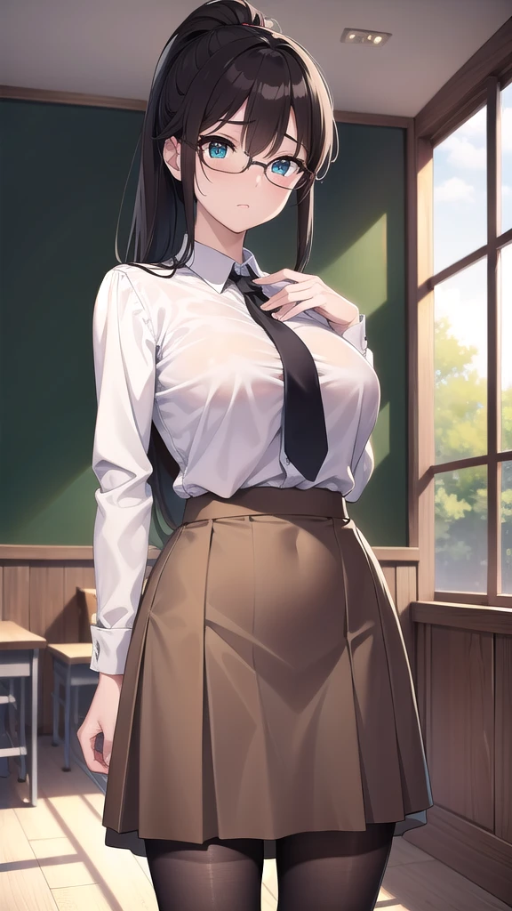 BREAK (masterpiece:1.2), best quality, high resolution, unity 8k wallpaper, (illustration:0.8), (beautiful detailed eyes:1.6), extremely detailed face, perfect lighting, extremely detailed CG, (perfect hands, perfect anatomy),school,hallway,desks,windows,tables,teacher,long haired,ponytail,glasses,hair between eyes, big green eyes, white blouse,cleavege,neckline,long skirt,brown skirt,hose,