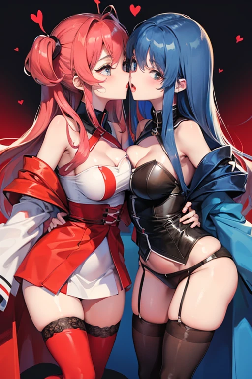 Cute girls in clothes hugging the waist, giving a kiss on the mouth, a red movie and a blue movie, with thigh high stockings