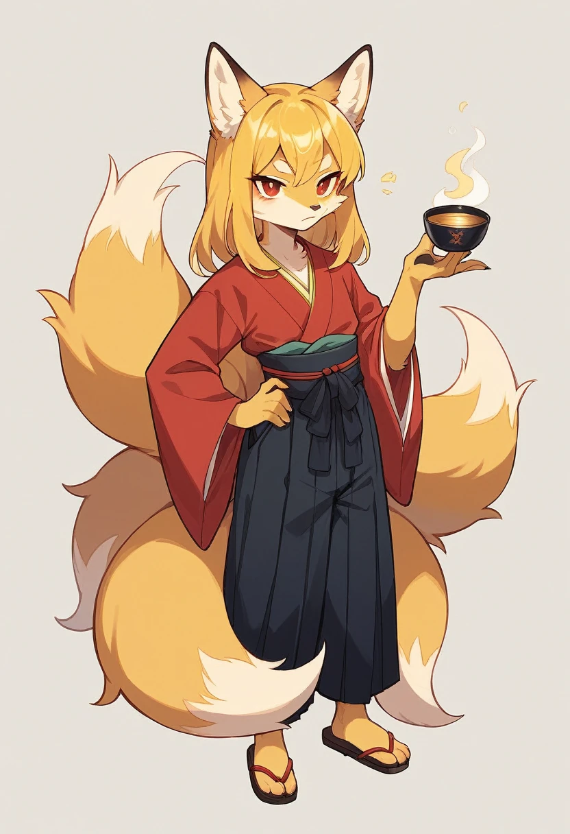 (full body,The left hand is on the hip),((Her right hand is hidden under the hem of her kimono.)),flat chest,Fox woman, Furry, Golden fur, Golden facial fur, long golden hair, The hair on his hands is golden, Golden yellow hair on the back of the hand, Light-filled eyes, Red eyes, Brown elements of fur,Black Hakama,Very fine fur, Fluffy tail,Nine tails A cup