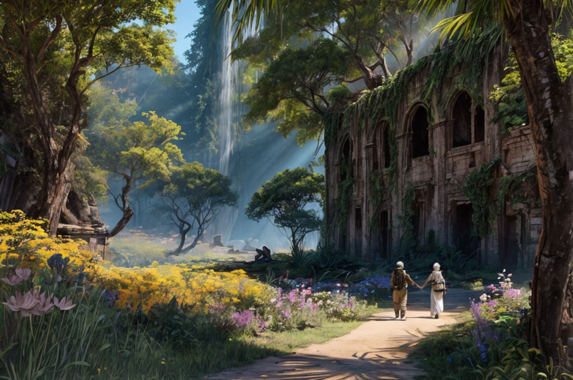 An expedition team is exploring the uncharted jungle,
A mysterious land where butterflies flutter and flowers bloom,Several explorers walking in formation,Discover the ruins,