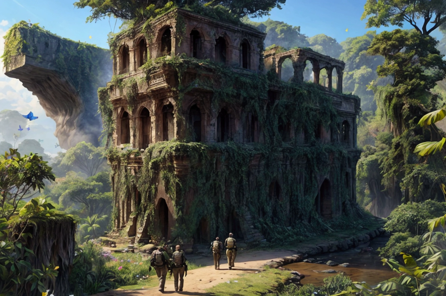 An expedition team is exploring the uncharted jungle,
A mysterious land where butterflies flutter and flowers bloom,Several explorers walking in formation,Discover the ruins,