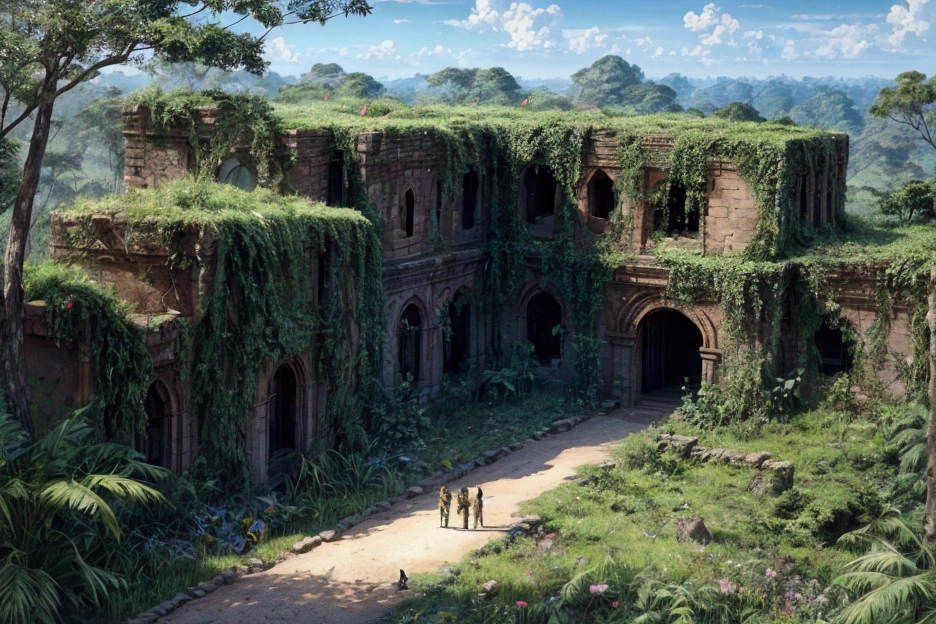 An expedition team is exploring the uncharted jungle,
A mysterious land where butterflies flutter and flowers bloom,Several explorers walking in formation,Discover the ruins,