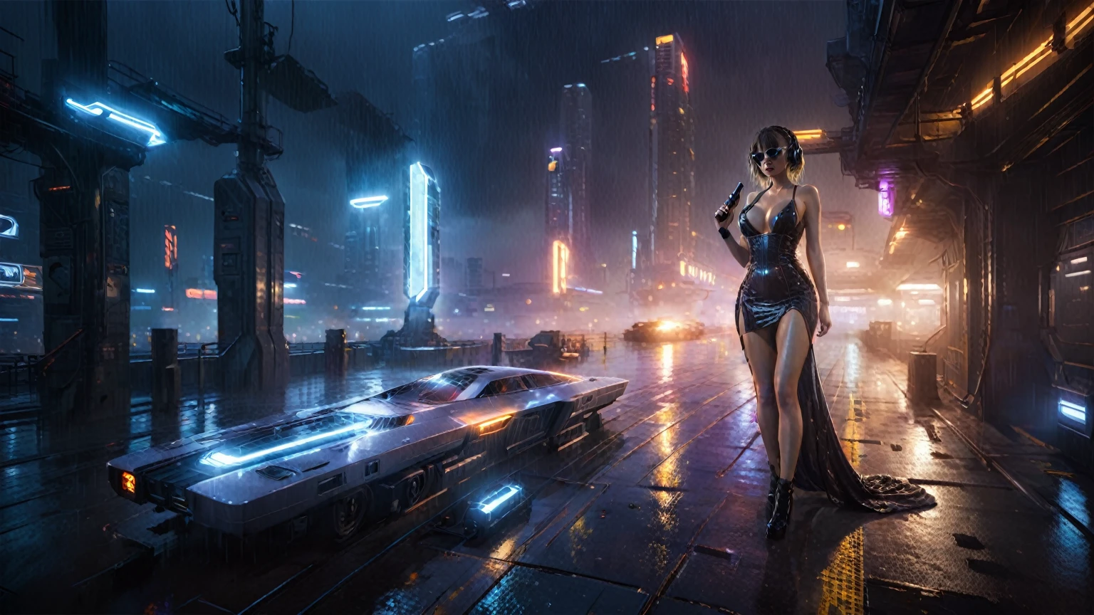 (((aerial view))), (flying cars docking platform), Blade Runner style futuristic railway platform, neon lights, rainy night. (1girl, solo, alone), large-breast:1.2 slim body, cleavage:1.1, sexy wind blowing wet dress:1.4, headphone, (black sunglasses), (((she raised a pistol:1.8 and shot:1.8 the viewer))), dynamic pose, (((half-body thigh level medium shot))), cinematic lighting, lens flare, ray tracing, zoom-in blurred:1.4 background.