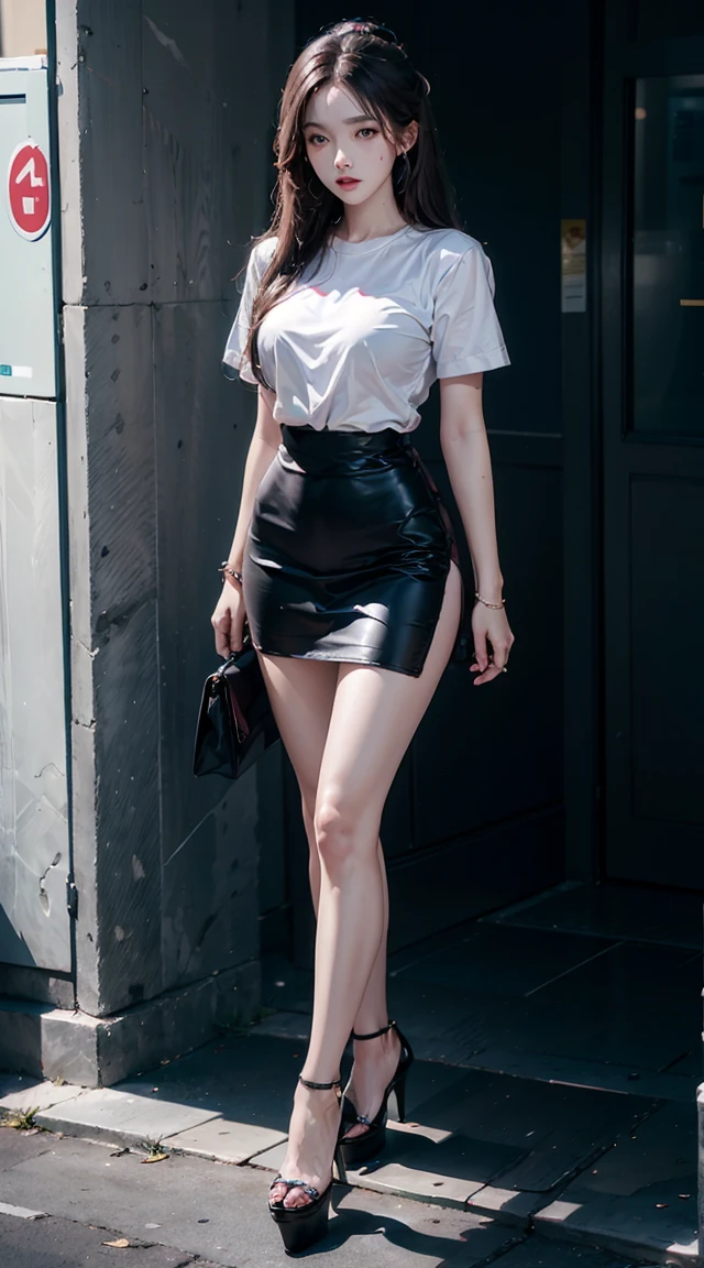 Reality, high resolution, 1 female, Shiny skin, Solitary, Tattoo, Jewelry, Pink lips, Long hair, blue eyes, Shut up, Hips up, Slim fit short sleeves, Short skirt，High heel，Full body shot