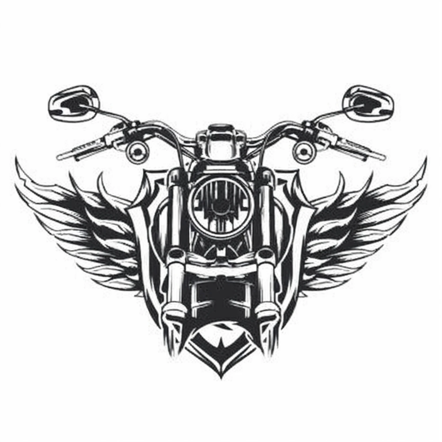a black and white drawing of a motorbikecicleta with wings, motorbikecicleta concept art, motorbikecicleta, motorbikermotorbikeciclista, motorbikeciclista, with an eagle emblem, harley davidson motorbike, motorbike, extremely detailed front angle, symmetrical illustration, detailed artwork, one motorbike in center of frame, motorbikecicletas, riding a motorbikecicleta, shoulder patch design, symmetrical sticker design, picture of a male motorbikeciclista