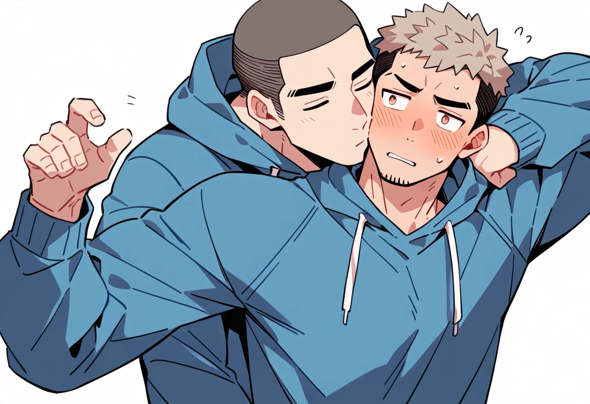 anime characters:Priapus and Dark-skinned muscular athlete, They hugged each other, kiss, Buzz Cut, Manliness, male focus, Sports tight hooded sweatshirt, Very tight, full and perky chest muscles, muscular male, muscular, only, Upper body, alone, Red short hair, Thick eyebrows, stubble, Brown-red pupils, White background, simple background, amazing quality, best aesthetics, Ridiculous, crew cut, parted lips, flustered, endured face, shy, blush, negative space, negative space, best quality