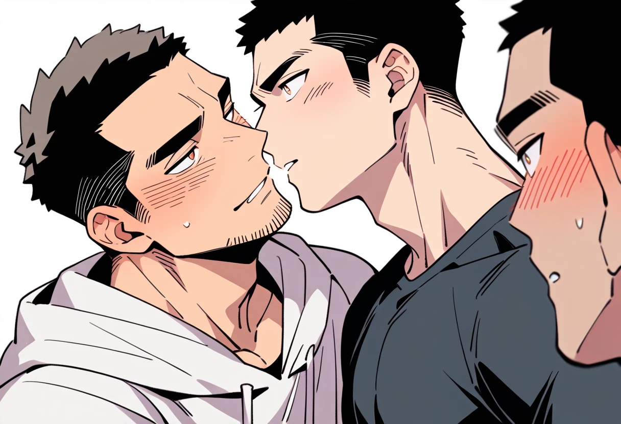 anime characters：Priapus and Dark-skinned muscular athlete, They hugged each other, kiss, Buzz Cut, Manliness, male focus, Sports tight hooded sweatshirt, Very tight, full and perky chest muscles, muscular male, muscular, only, Upper body, alone, Red short hair, Thick eyebrows, stubble, Brown-red pupils, White background, simple background, amazing quality, best aesthetics, Ridiculous, crew cut, parted lips, flustered, endured face, shy, blush, negative space, negative space, best quality