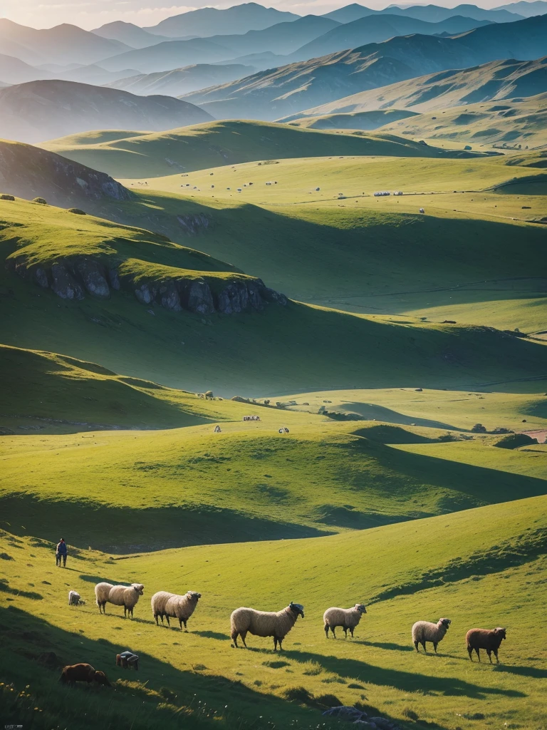 Create a scene with a flock of sheep grazing in a vast field, and a man on horseback, a dog and two men on foot herding sheep. image ultra realistic, perfect strokes, professional quality, naturallight, perfect angle