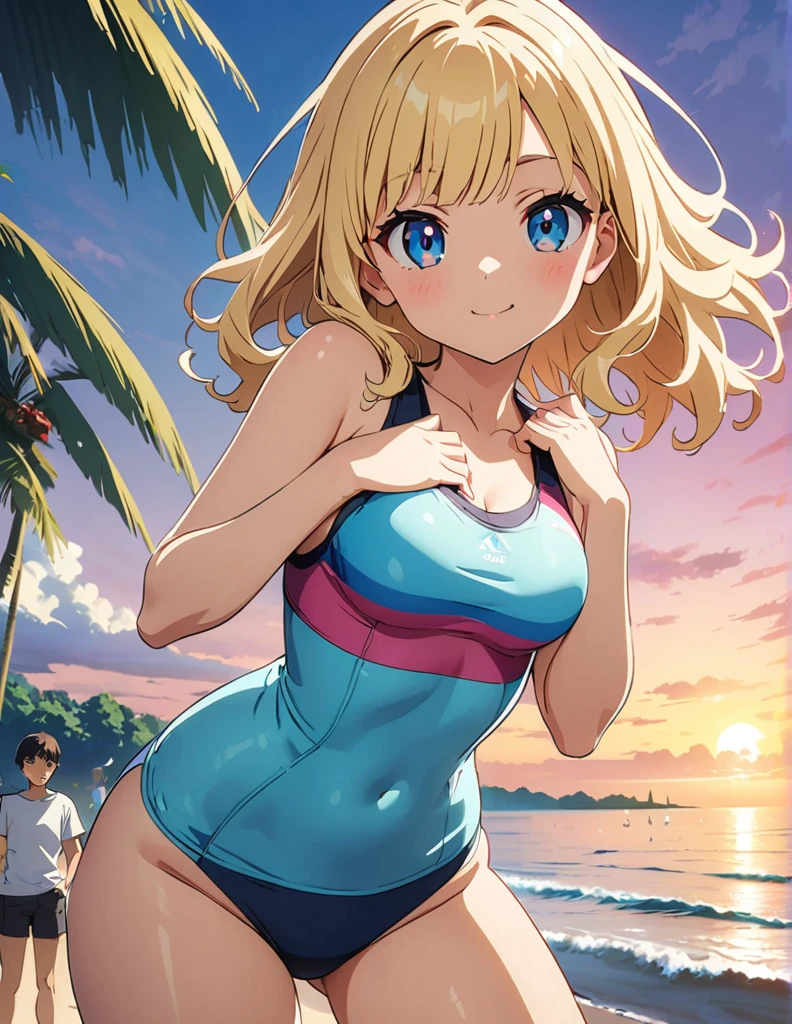 (anime artwork, anime style, studio anime, very detailed, up to date, vibrant, Anime Coloring, high contrast, masterpiece:1.2, best quality, best aesthetics),2 girl,hug from behind,swim suits, Medium chest, A glimpse of thighs,random hair, One eye is hidden by the bangs, perfect proportions, high detail skin, Cute, detailed faces,beach, precise fingers,curvy,swim suits crowd