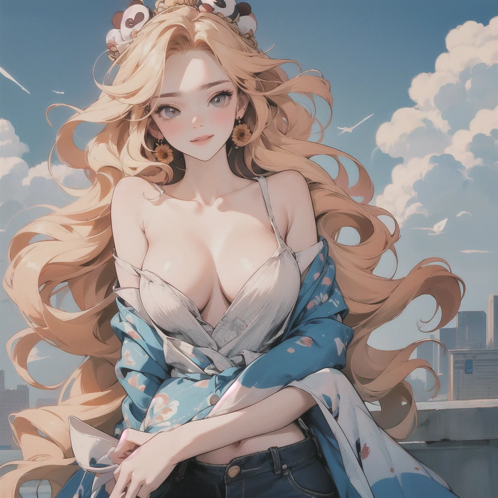 , , visible  and , , tmasterpiece， high high quality， cinematic Film still from， one-girl，Golden hair，Sunflowers are worn on the head， floating in sky， Cloud Girl， Clouds， （closeup cleavage： 1.1）， brightly， cheerfulness， intriguing， gentlesoftlighting， （bauhause， Shape， lineworks， abstracted： 1.1）， panda ears，