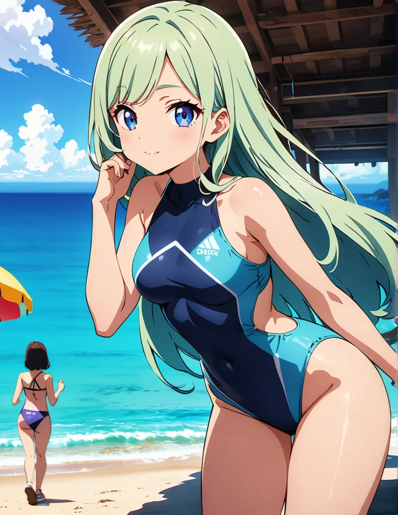 (anime artwork, anime style, studio anime, very detailed, up to date, vibrant, Anime Coloring, high contrast, masterpiece:1.2, best quality, best aesthetics),2 girl,hug from behind,swim suits, Medium chest, A glimpse of thighs,random hair, One eye is hidden by the bangs, perfect proportions, high detail skin, Cute, detailed faces,beach, precise fingers,curvy,swim suits  crowd 