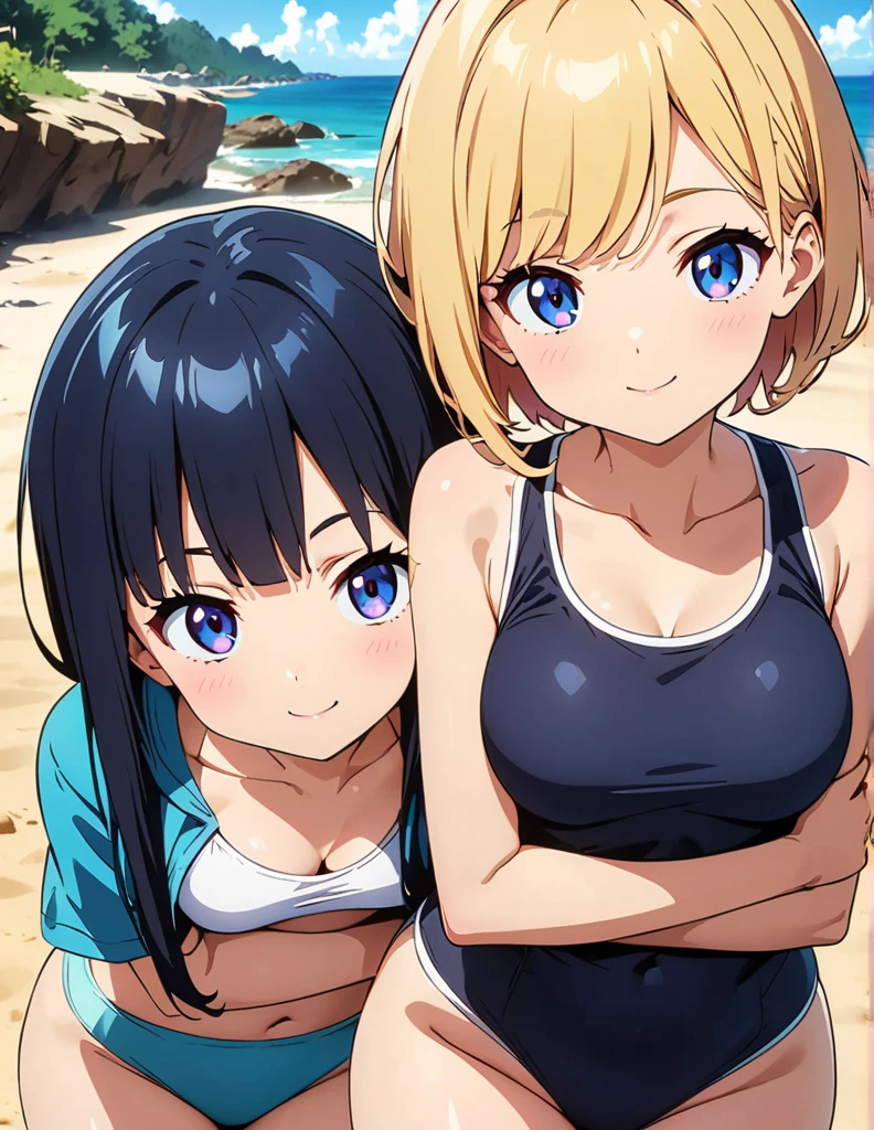 (anime artwork, anime style, studio anime, very detailed, up to date, vibrant, Anime Coloring, high contrast, masterpiece:1.2, best quality, best aesthetics),2 girl,hug from behind,swim suits, Medium chest, A glimpse of thighs,random hair, One eye is hidden by the bangs, perfect proportions, high detail skin, Cute, detailed faces,beach, precise fingers,curvy,swim suits crowd