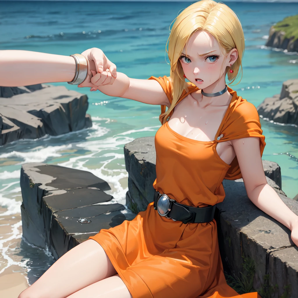 masterpiece, Highest quality, DQ Bianca, Single Blade, Earrings, choker, Orange Cape, Green Dress, belt, Small breasts, Sitting, Upper Body, Leg spread, Turn your body forward, hot, Sweating a lot, Wipe away sweat, looking at the camera, Ocean辺, Ocean, angry
