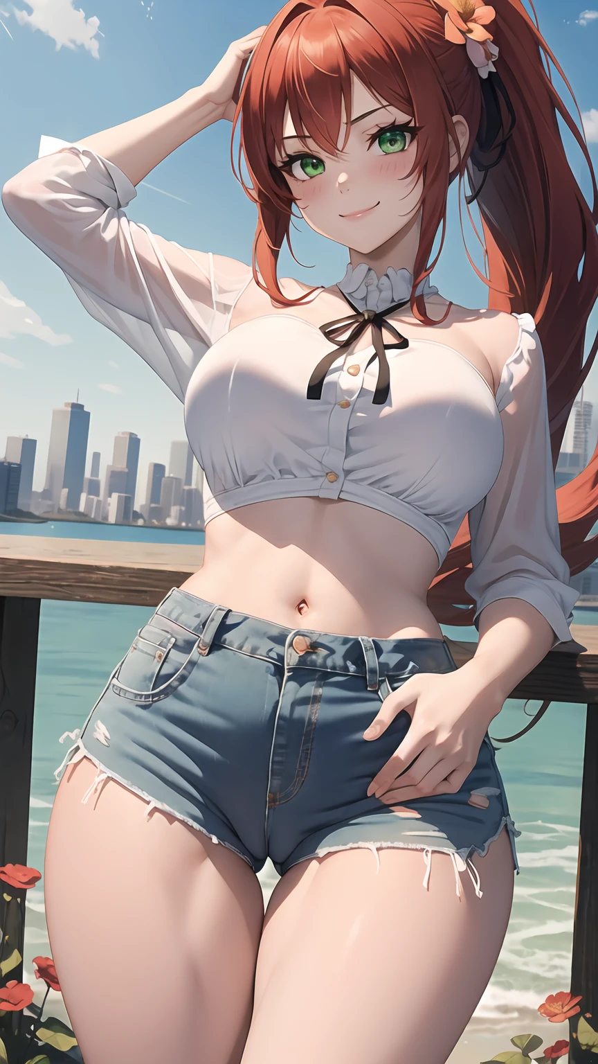 1girl, anime girl, anime, girl, 2d girl, 18y, (fullbody), standing, green eyes, smiling, blush, (long hair, single ponytail, red hair), ((blouse)), Solo, big , big breasts, sfw, Tight Shorts, low waist shorts, upshorts, from below, the city background, flowers, afternoon sky, looking at viewer, darker shadows, (((sexy))), (((shorts))), (((absurdres))), (((thigh gap))), cameltoe, (((cameltoe))), (((cleft of venus))), (((lowleg shorts))),