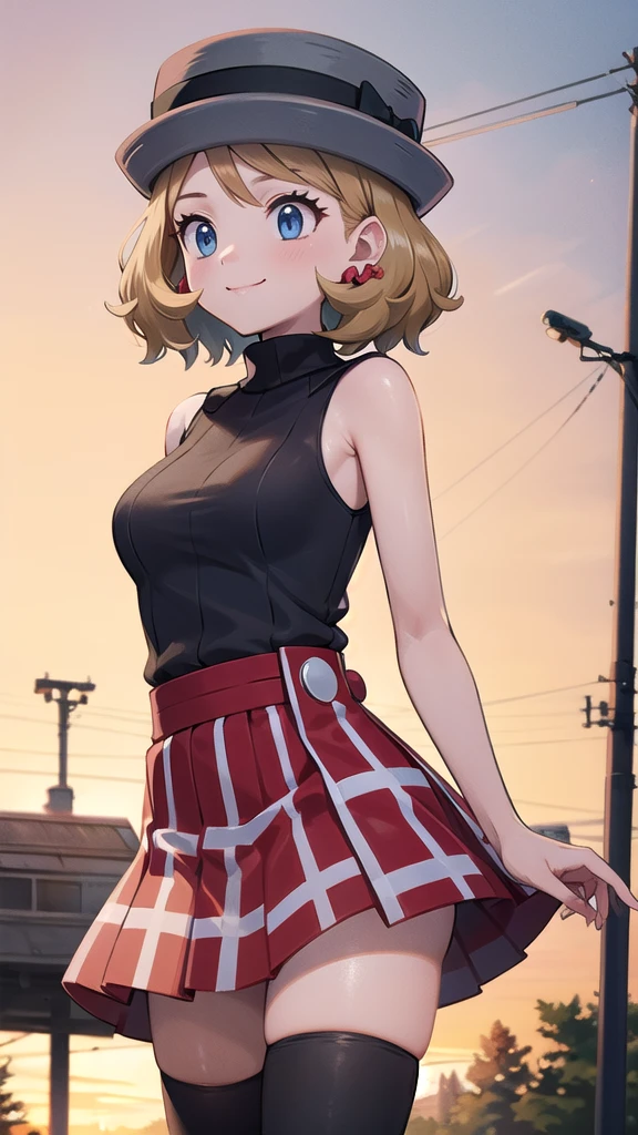 Masterpiece, perfect lighting, (beautiful, Best quality: 1.3), Perfect eyes, perfect anatomy, absurd, 8k, ccserena, solo, short hair, smile, in loved, (gray hats: 1.2), earrings, eyelashes, blue eyes, gray sweater, vest , sleeveless turtleneck, bare arms, plaid skirt, red skirt, thigh highs, black stockings, with arms wide open, in the park at sunset