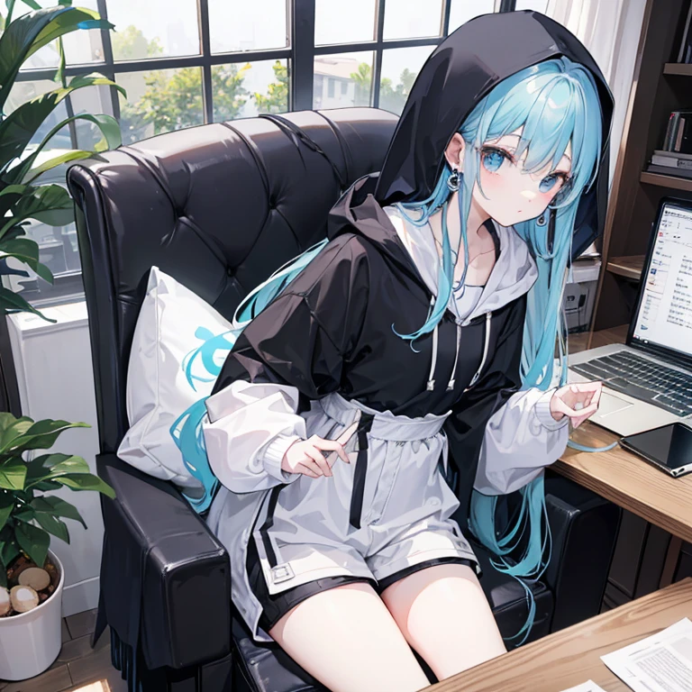 quite long hair、A little bluish、first round、woman、coffee、Lots of sugar、Beautiful chair、laptop、Stylish cafe、Black hooded jersey、White shorts、Small, plain white earrings、Container with sugar