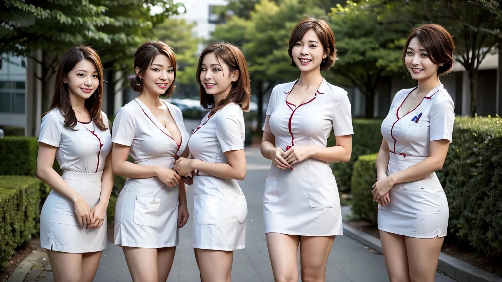 Beautiful and curvy nurses are taking commemorative photos in white nurse uniforms at the hospital entrance. Lipstick, smile, short hair