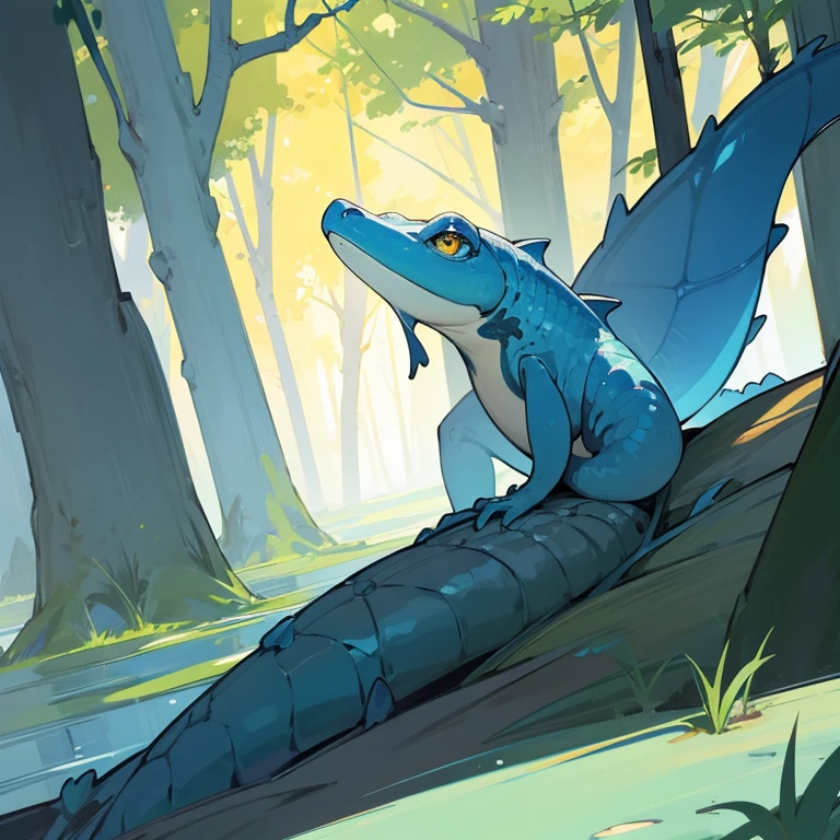 Masterpiece, high quality, Blue Salamander, Yellow eyes, best eyes, Thunder on his back, in the forest, sunny day