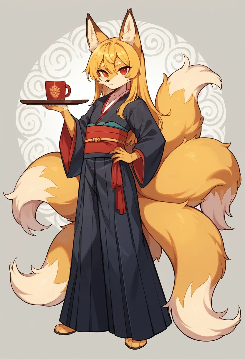 (full body,The left hand is on the hip),((Her right hand is hidden under the hem of her kimono.)),flat chest,Fox woman, Furry, Golden fur, Golden facial fur, long golden hair, The hair on his hands is golden, Golden yellow hair on the back of the hand, Light-filled eyes, Red eyes, Brown elements of fur,Black Hakama,Very fine fur, Fluffy tail,Nine tails A cup