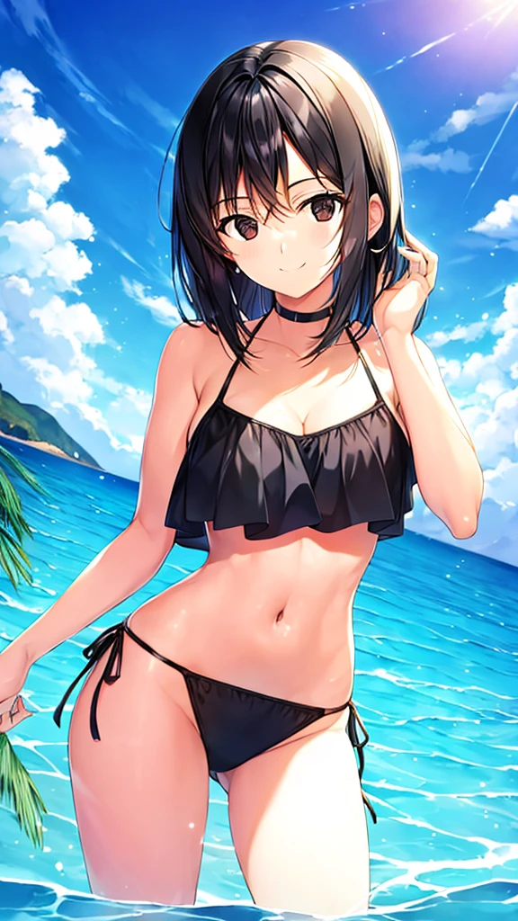 Swimsuit Straight black hair 22 years old Adult sister Black Eyes Great style smile Directly facing universe space