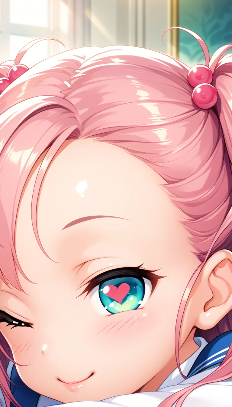 1girl, tiny girl, young girl, mesugaki, mesugaki smile, Teasing, naughty looks, heart eyes, points to own head, Focus on the girl, glossy skin, oily skin, Close-up of the face, Masterpiece:2, Top Quality, high Quality, Very Detailed, ultra High Resolution, super High Resolution, Beautiful Detail, Dynamic angles, perfect lighting, 8k, Animation Style, cartoon style, game cg, sfw,