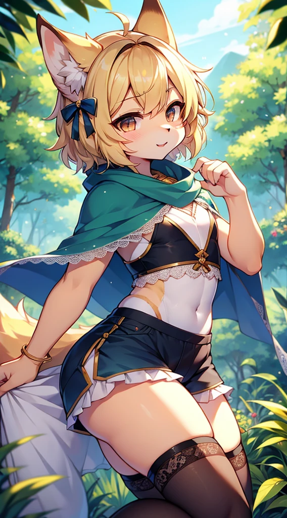 Wolf Boy,Wolf-eared boy,bow箭手少年,Hunter Junior,furry,furry,hairy,Blonde hair all over,Golden fur,Golden fur,绿色bow箭手服装,hunter costume,hunter costume,furry,白色丝绸Knee socks,Knee socks,蕾丝花边Knee socks,Lace style decoration,shorts,蕾丝花边shorts,运动shorts,皮革shorts,白色花边shorts,猎人shawl,绿色shawl,shawl,Big Ass,Pseudo-sissy ass,femboy,绿色hunter costume,Forest Background,Jungle Background,Outdoor Background,bow,手持bow,bow,手持bow,bow箭,Quiver,背着bow箭,flat chest,Chest wrap,shawl