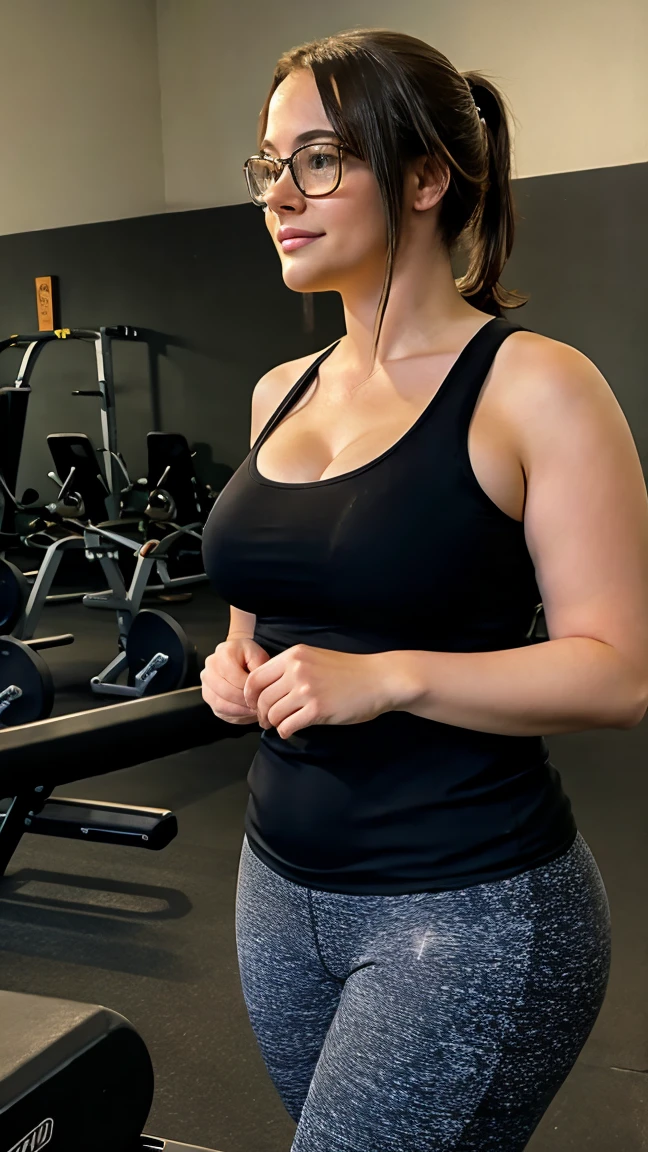 Plus size woman in gym, wearing glasses playing in mobile