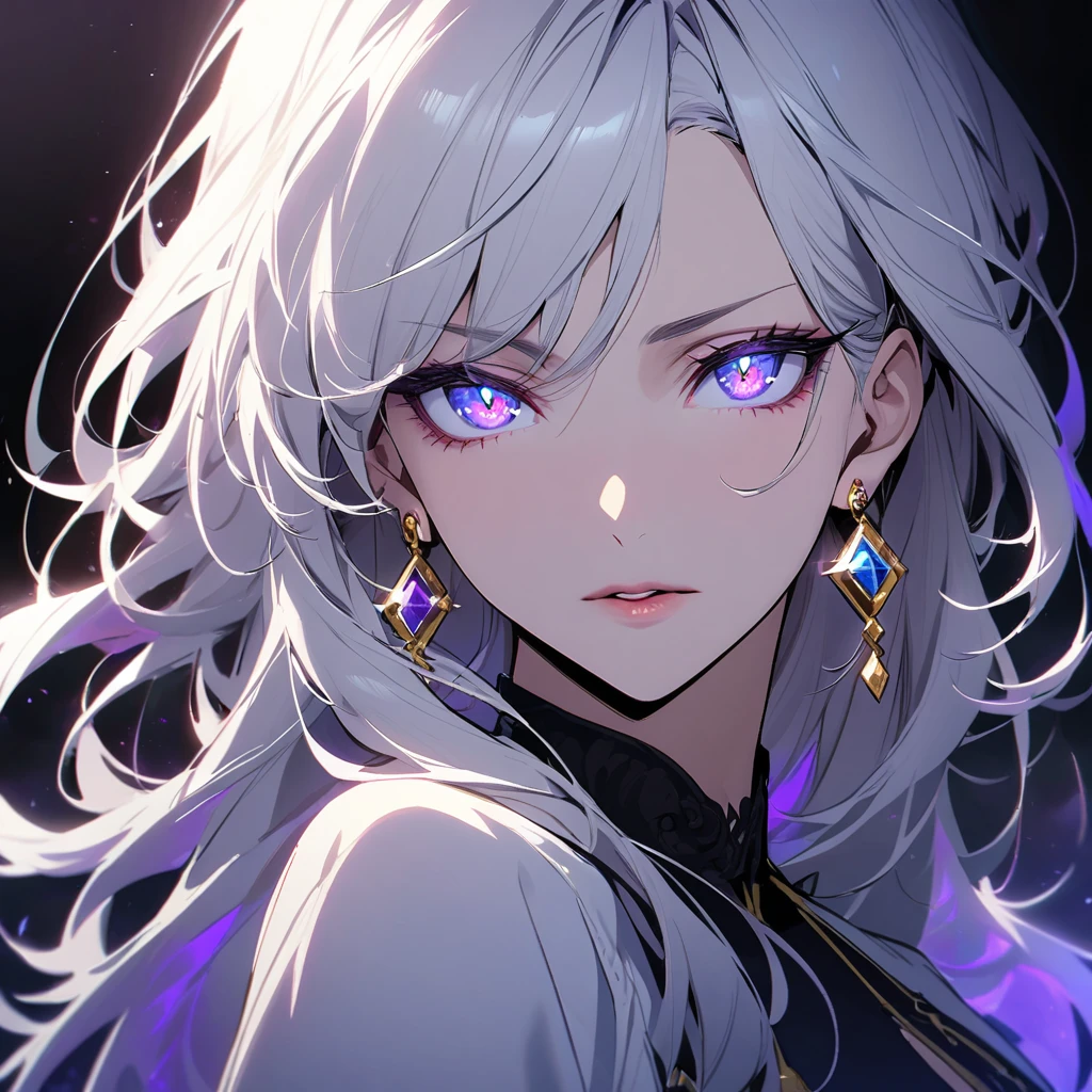 woman, blue eyes, long hair, white hair, mature, god eyes, diamond earings, two colors eyes, purple eyes, glowing eyes, beautiful