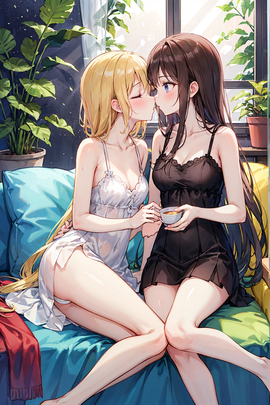 Yuri , 2 girls, Yuri, dress, sofa, Long Hair, plant, Eyes closed, window, indoor, Sitting, Blurred foreground, on sofa, white dress, Blurred, Exposing shoulders, moon, potted plant, Written boundary depth, Sleeveless dress, Blonde, Sleeveless, chest, black dress, Black Hair, pillow, Bottle, Bare arms, full moon, night, Book, blush, Embarrassing,very Long Hair, clavicle, chestの谷間, cup, bangs, null, Brown Hair, medium chest, Wavy Hair, curtain, Spaghetti Straps, cushion, Particles of light, profile,high school girl ,s old、Brown Hairのポニーテール,French kiss, barefoot,Underwear is visible,Fingers in the crotch,小さいchest,Small Ass,beautiful profile,((Highest quality)), (Very detailed), (High-definition CG synthesis 8K wallpaper), 高いly detailed, 高い-definition raw color photos, Professional photography, (((Bokeh))), Written boundary depth,French kiss