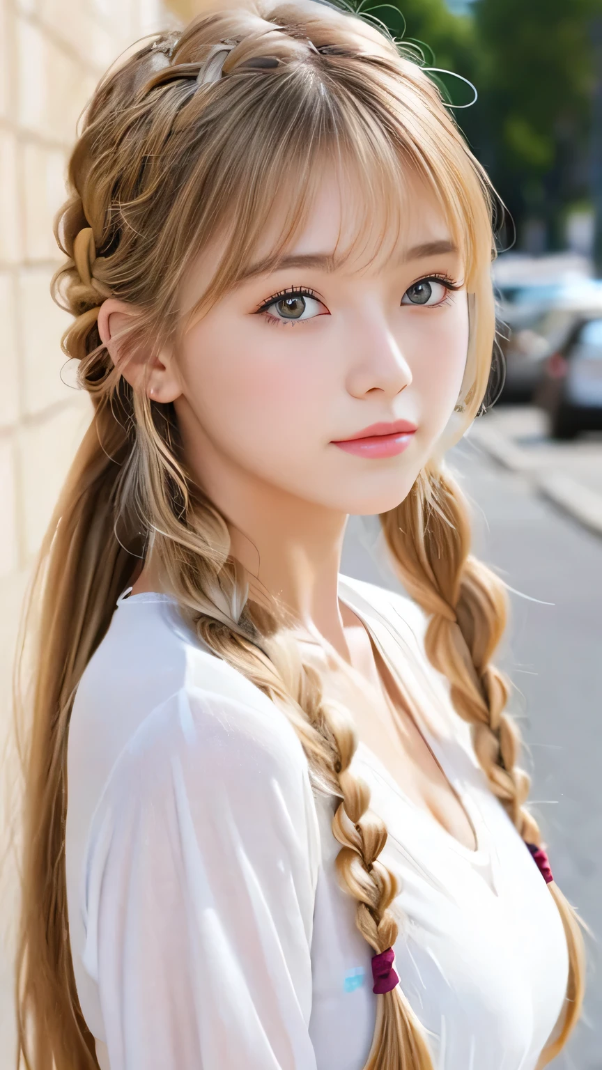 Sexy Big 、Sexy cute looks and cute  beautiful girl, beautiful and sexy face、A strong wind blows my hair in front of my face、beautiful long blonde French braided hair、beautiful, Cute and sexy eyes hidden behind long bangs