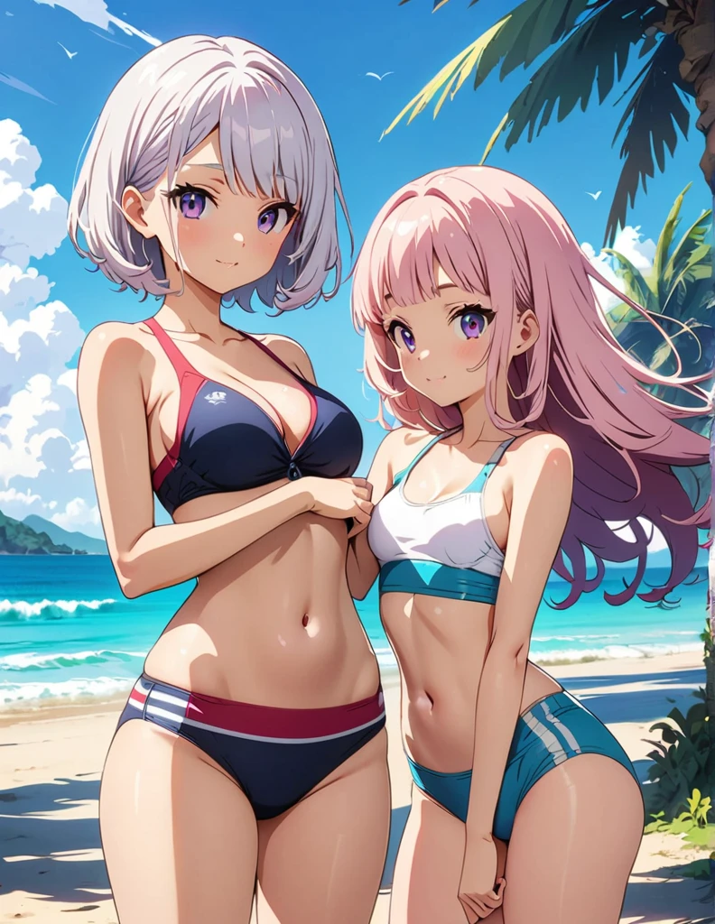 (anime artwork, anime style, studio anime, very detailed, up to date, vibrant, Anime Coloring, high contrast, masterpiece:1.2, best quality, best aesthetics),2 girl,hug from behind,swim suits, Medium chest, A glimpse of thighs,random hair, One eye is hidden by the bangs, perfect proportions, high detail skin, Cute, detailed faces,beach, precise fingers,curvy,swim suits  crowd 