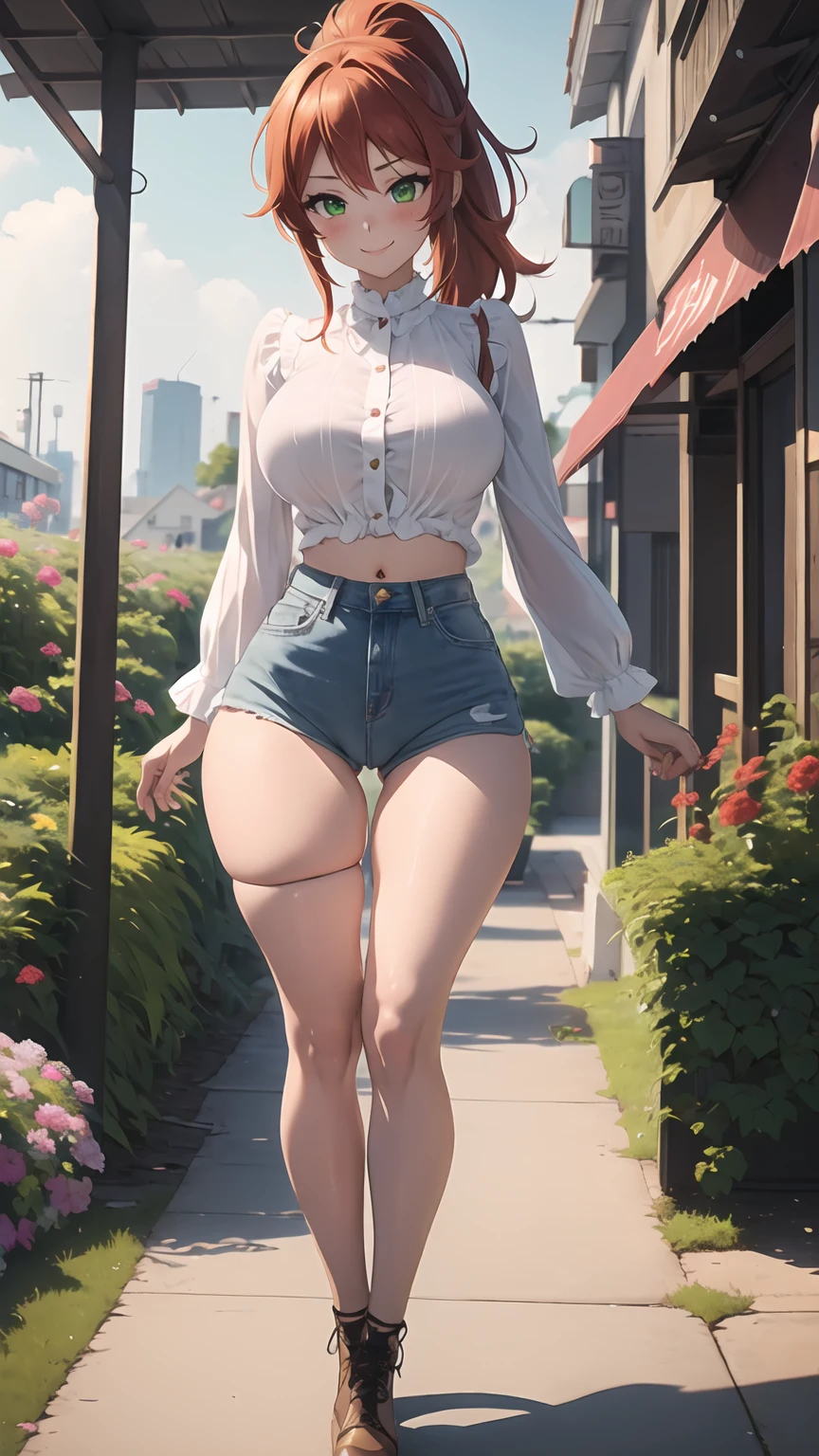 1girl, anime girl, anime, girl, 2d girl, 18y, (fullbody), standing, green eyes, smiling, blush, (long hair, single ponytail, red hair), ((blouse)), Solo, big , big breasts, sfw, Tight Shorts, low waist shorts, upshorts, the city background, flowers, afternoon sky, looking at viewer, darker shadows, (((sexy))), (((shorts))), (((absurdres))), (((thigh gap))), cameltoe, (((cameltoe))), (((cleft of venus))), (((lowleg shorts))),