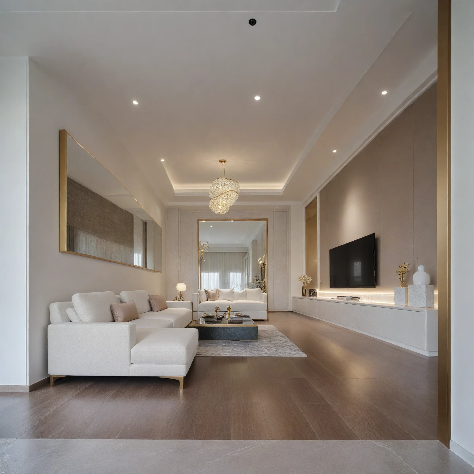 ,Masterpiece, Best quality,8K, Ultra-high resolution,When you step into the (living room : 1.1) ,Immediately surrounded by a rich atmosphere of luxury. The space  was covered with a soft white fluffy blanket,It is so comfortable,So much so that you can't help but indulge in it。Embellished with precious porcelain and white-off gold ornaments。Whenever it is late afternoon,The afterglow from the window spilled on the floor,Soft light and shadow are reflected,It was as if entering a dreamland. ((Wooden chair and table : 1.3)), ((COLUMN MIRROR : 1.3))