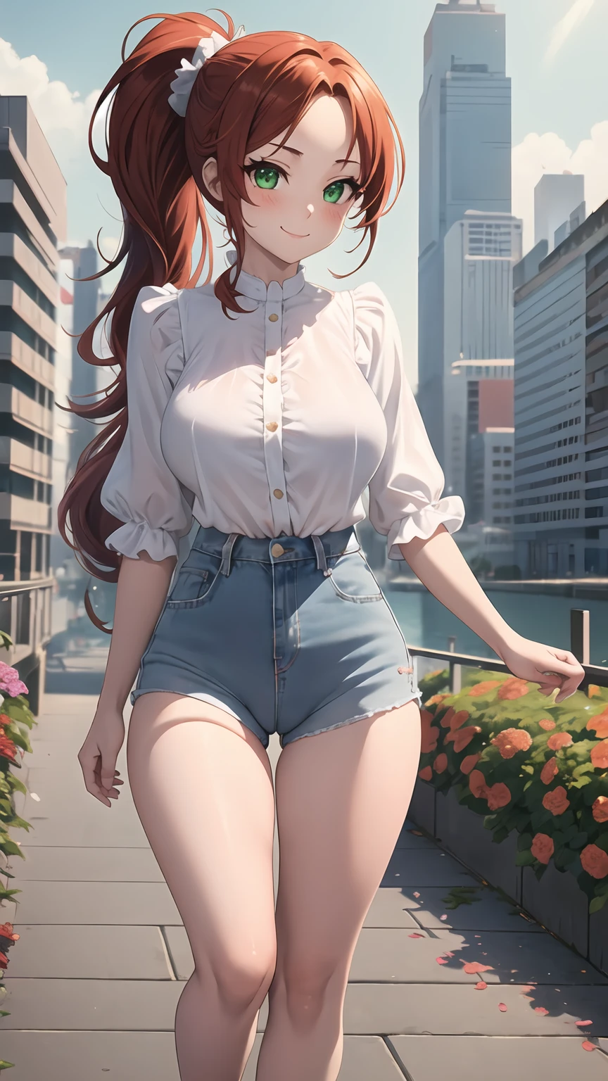 1girl, anime girl, anime, girl, 2d girl, 18y, (fullbody), standing, green eyes, smiling, blush, (long hair, single ponytail, red hair), ((blouse)), Solo, big , big breasts, sfw, Tight Shorts, low waist shorts, upshorts, the city background, flowers, afternoon sky, looking at viewer, darker shadows, (((sexy))), (((shorts))), (((absurdres))), (((thigh gap))), cameltoe, (((cameltoe))), (((cleft of venus))), (((lowleg shorts))),
