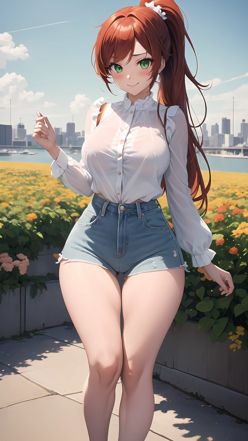 1girl, anime girl, anime, girl, 2d girl, 18y, (fullbody), standing, green eyes, smiling, blush, (long hair, single ponytail, red hair), ((blouse)), Solo, big , big breasts, sfw, Tight Shorts, low waist shorts, upshorts, the city background, flowers, afternoon sky, looking at viewer, darker shadows, (((sexy))), (((shorts))), (((absurdres))), (((thigh gap))), cameltoe, (((cameltoe))), (((cleft of venus))), (((lowleg shorts))),