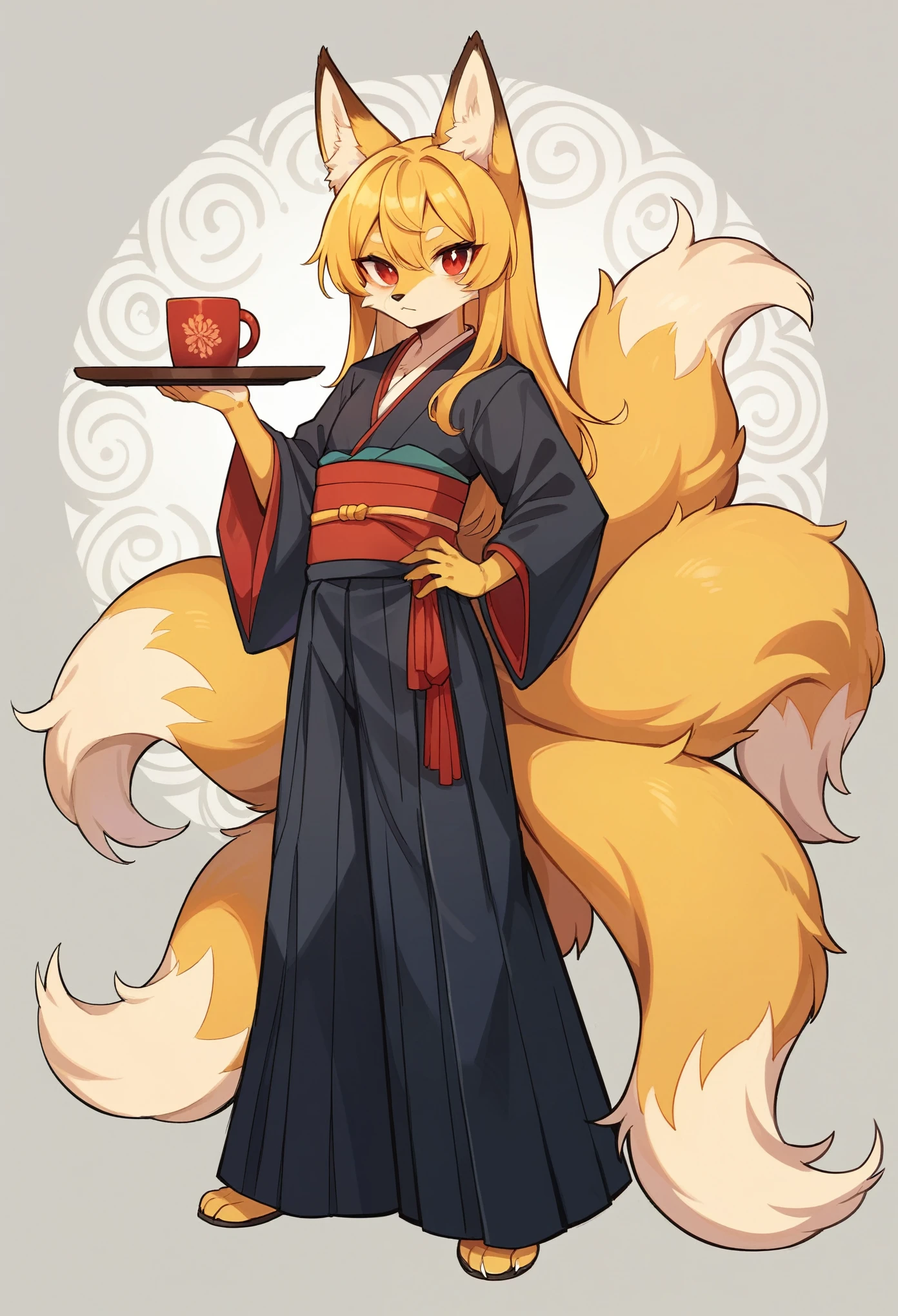 (full body,Flat chest circumference,The left hand is on the hip),((Her right hand is hidden under the hem of her kimono.)),Fox woman, Furry, Golden fur, Golden facial fur, long golden hair, The hair on his hands is golden, Golden yellow hair on the back of the hand, Light-filled eyes, Red eyes, Brown elements of fur,Black Hakama,Very fine fur, Fluffy tail,Nine tails A cup