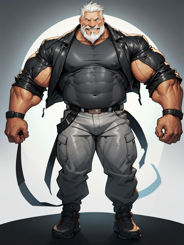 huge muscular old man, standing, smile, happy, wearing leather jacket, open jacket, sleeved, white tshirt, thick arms, wide pectoral, full body, front view, masterpiece, white hair, bearded, huge and giant, an14