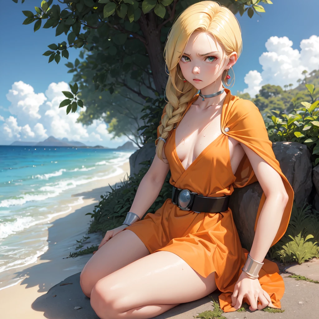 masterpiece, Highest quality, DQ Bianca, 1 person, Single Blade, Earrings, choker, Orange Cape, Green Dress, belt, Small breasts, Sitting, Upper Body, Kneeling, Turn your body forward, hot, Sweating a lot, Wipe away sweat, looking at the camera, Ocean辺, Ocean, angry