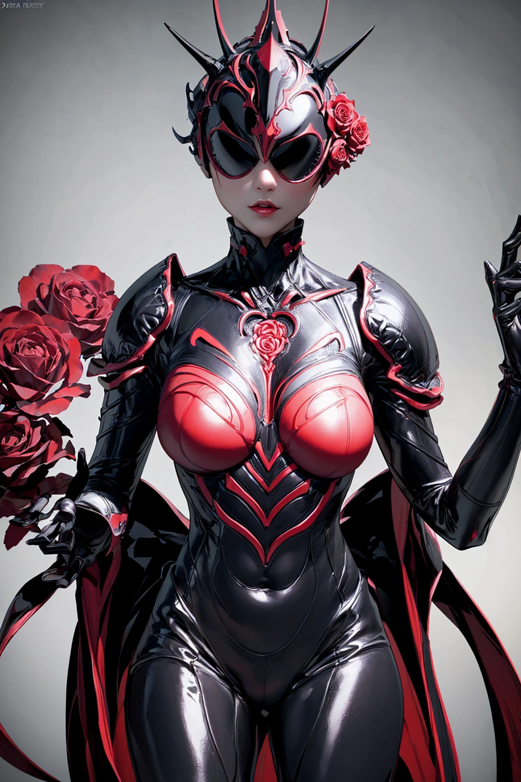 Beautiful girl fused with a Rose. (High quality) （black and Red image color）. body suit. Queen dress. cyber style. Circuit pattern. Biological Armor. Biological helmet. eye mask.